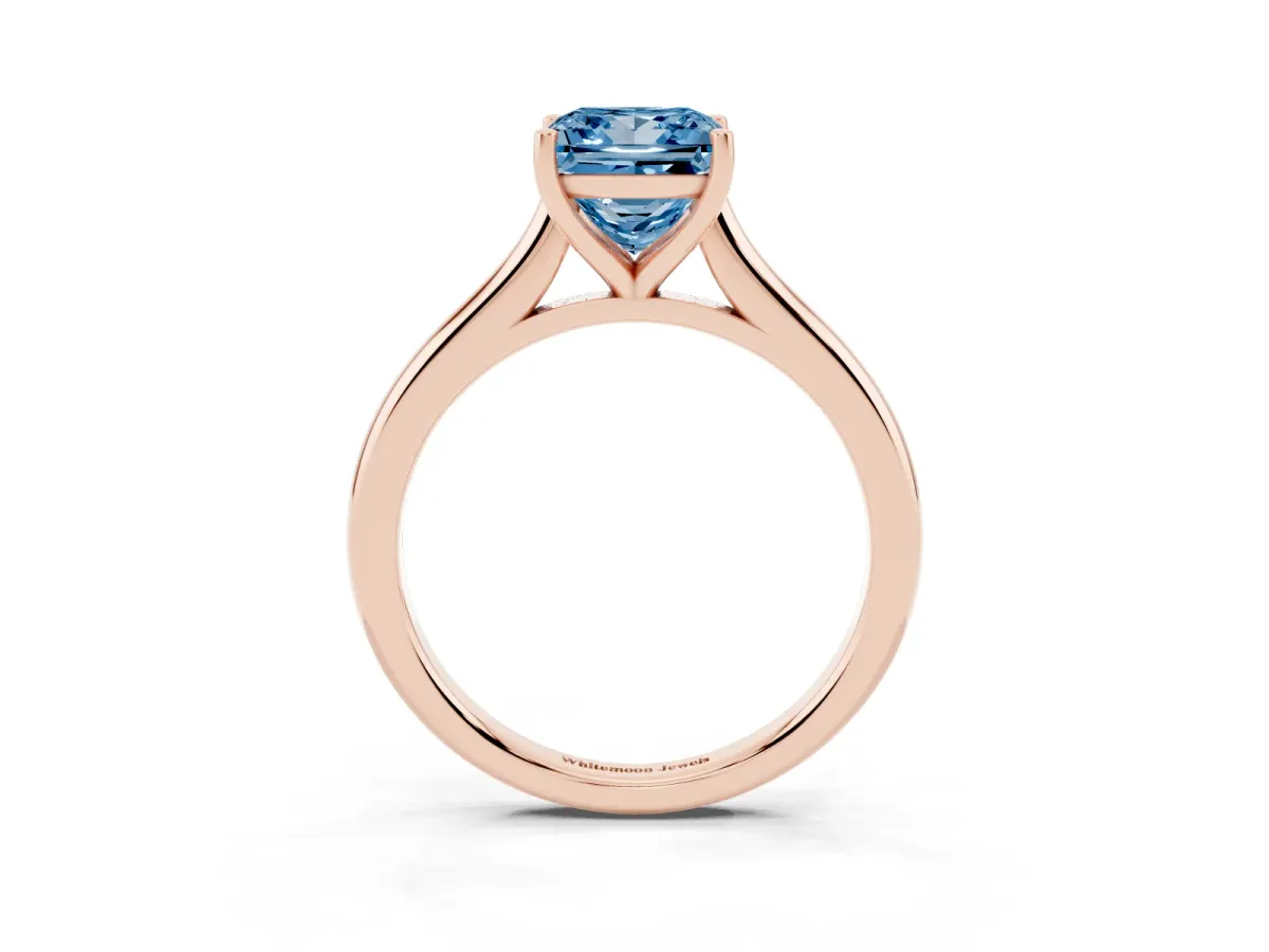Fancy Blue Princess Cut Cut Solitaire Ring with Cathedral Band and Four-Prong Setting Rose gold