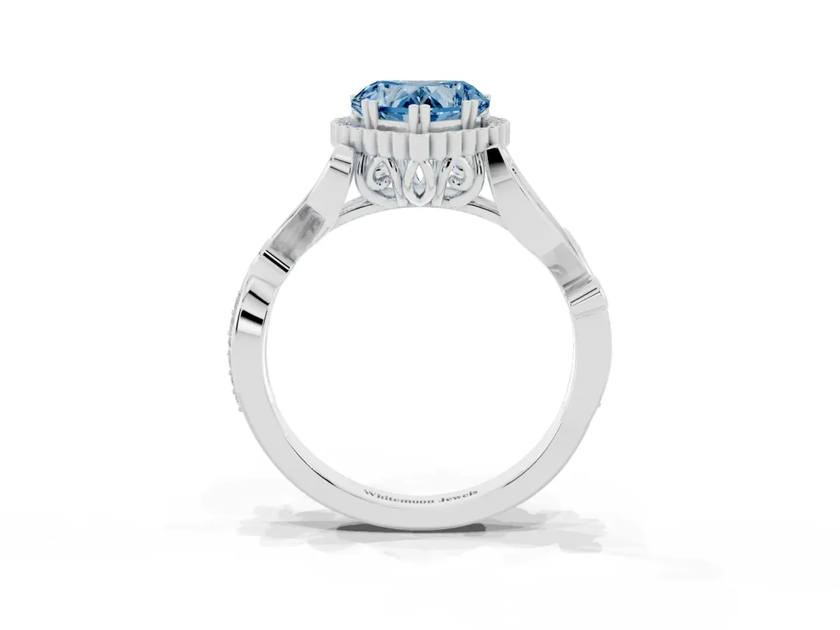 Fancy Blue Heart Cut Diamond Halo Ring with Vintage Split Shank and Four-Prong Setting Silver