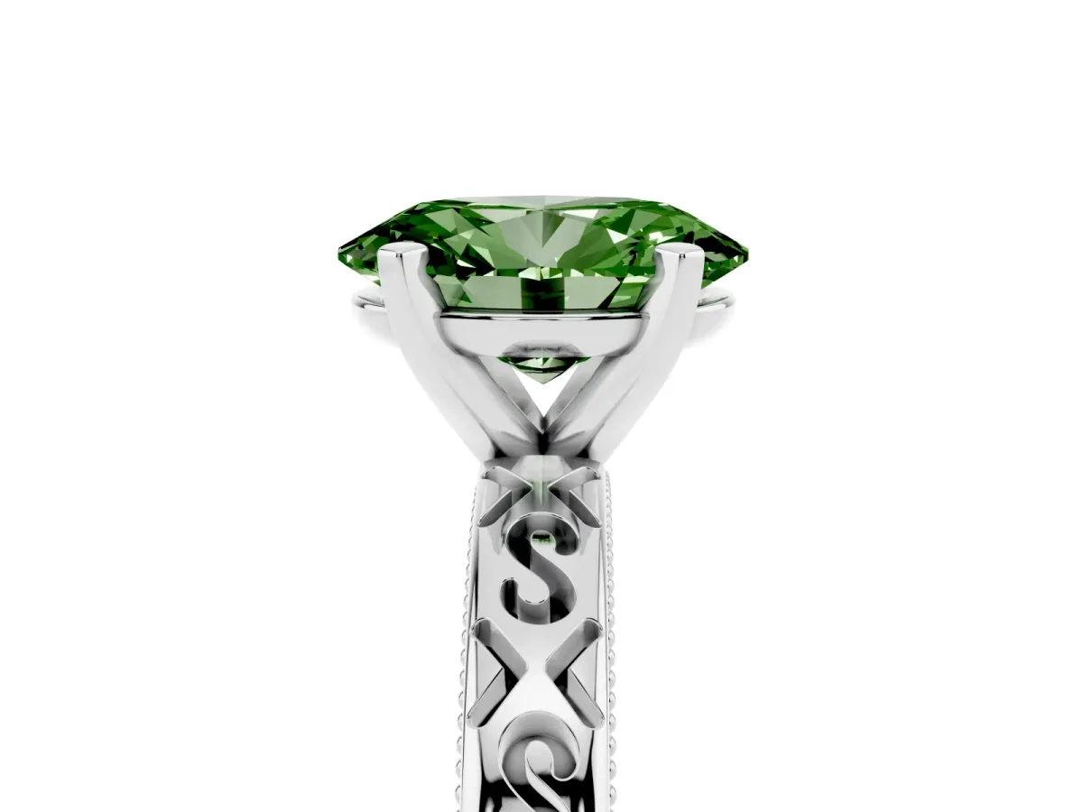 Fancy Green Oval Cut Solitaire Engagement Ring with Scrollwork Band and Four-Prong Setting White gold