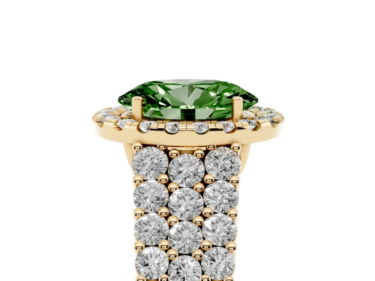 Fancy Green Oval Cut Diamond Halo Engagement Ring with Triple Row Round Pavé Band and Prong Setting Yellow gold