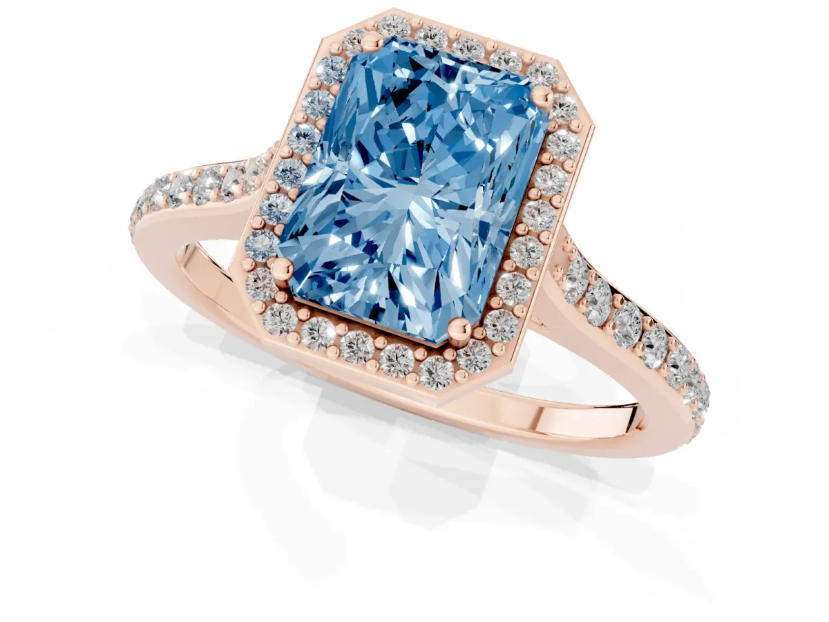Fancy Blue Radiant Cut Diamond Halo Engagement Ring with Round Pavé Shoulders and Prong Setting Rose gold