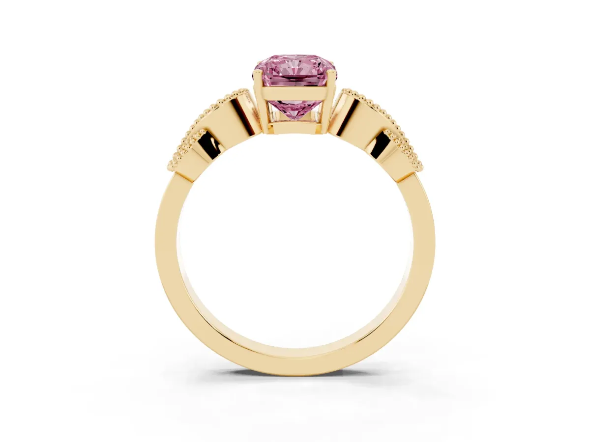 Fancy Pink Radiant Cut Solitaire Milgrain Leaf Band with Prong Setting Yellow gold