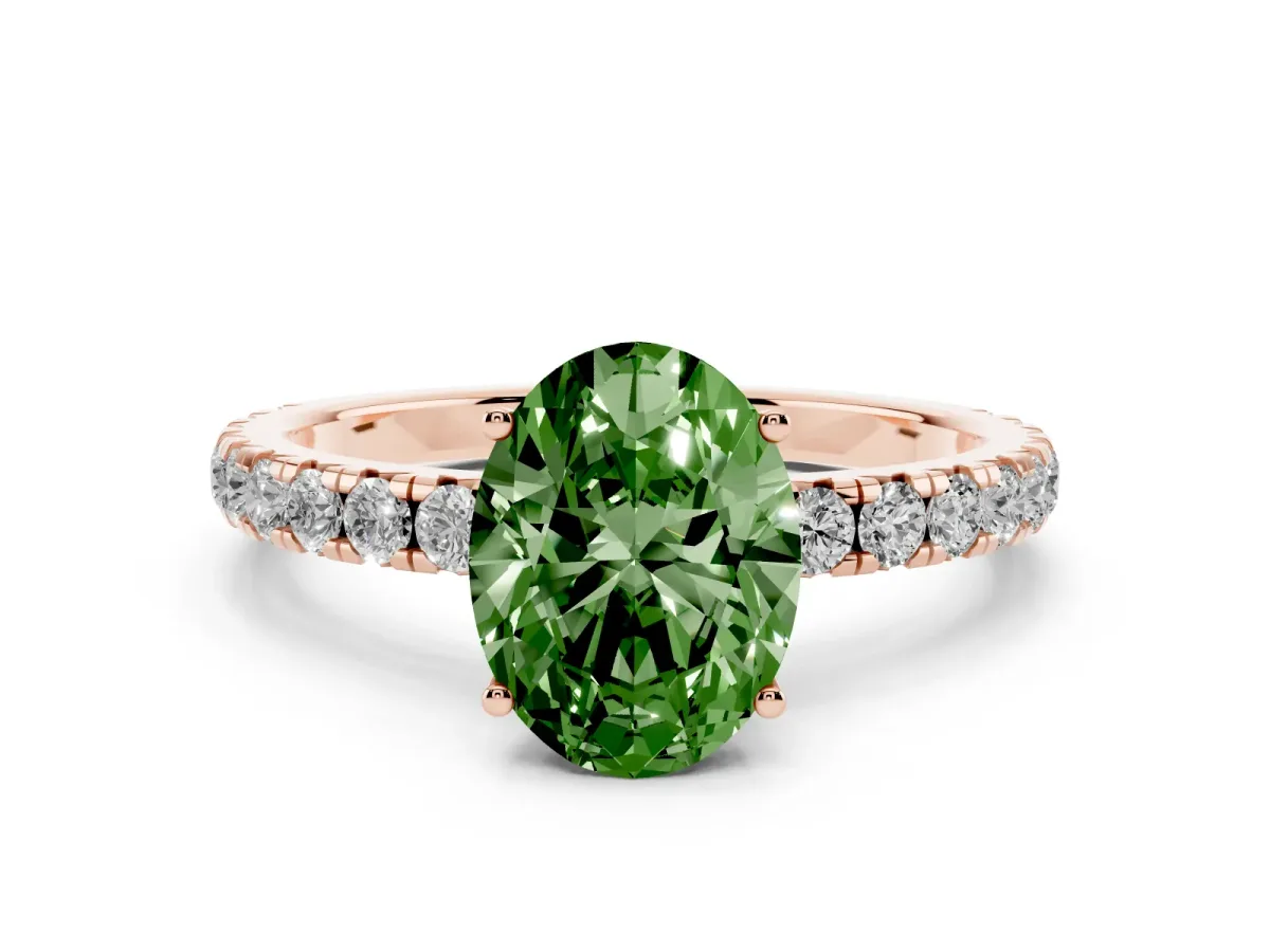 Fancy Green Oval Cut Diamond Pavé Solitaire Engagement Ring with Four-Prong Setting Rose gold