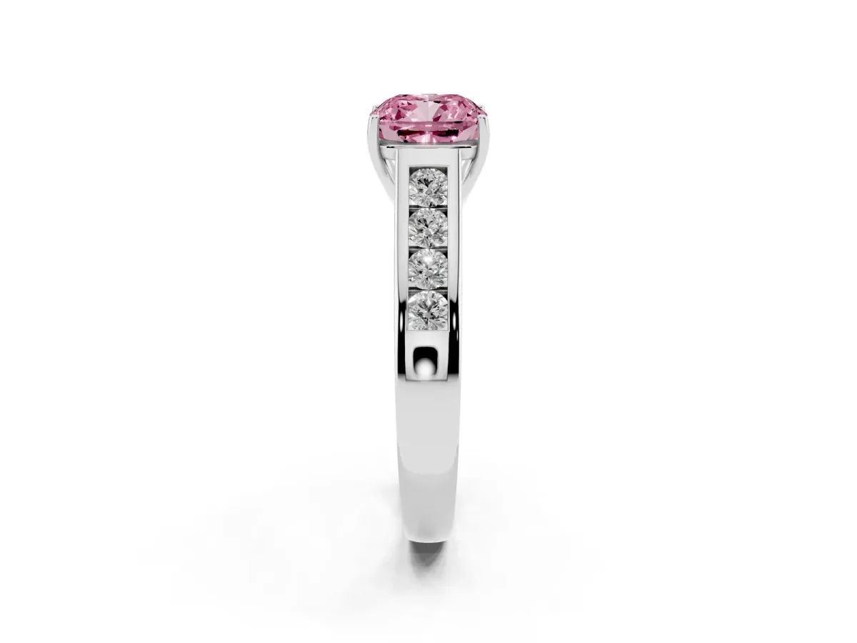 Fancy Pink Cushion Cut Brilliant Channel-Set Solitaire Ring with Four-Prong Setting Silver
