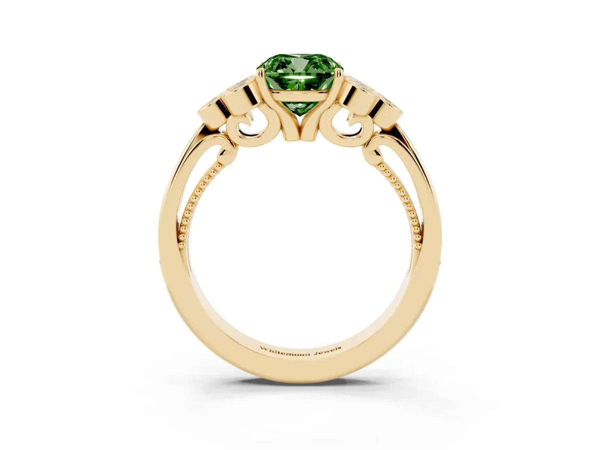 Fancy Green Cushion Cut Cut Diamond Engagement Ring with Bezel Set Round Side Stones and Prong Setting Yellow gold
