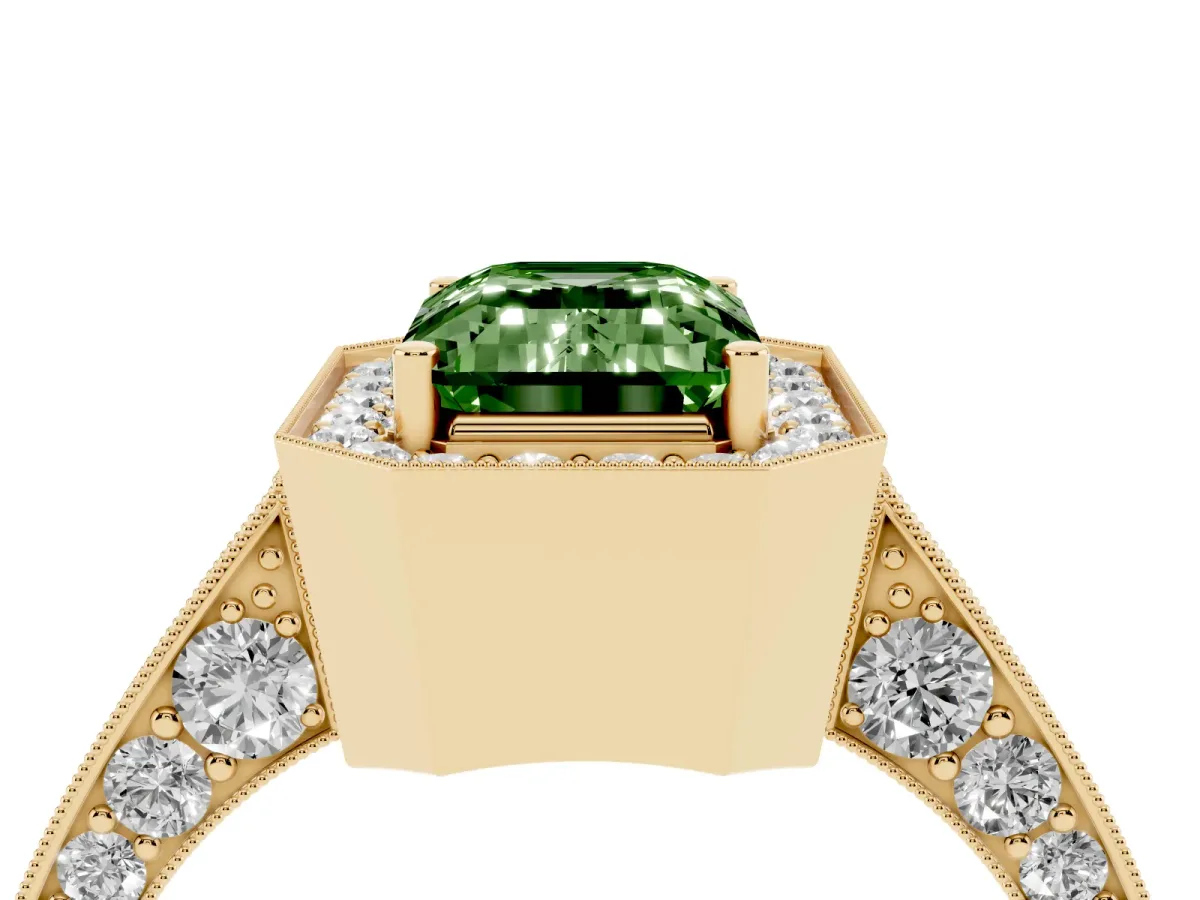 Fancy Green Emerald Cut Halo Diamond Engagement Ring with Split Shank Band and Four-Prong Setting Yellow gold