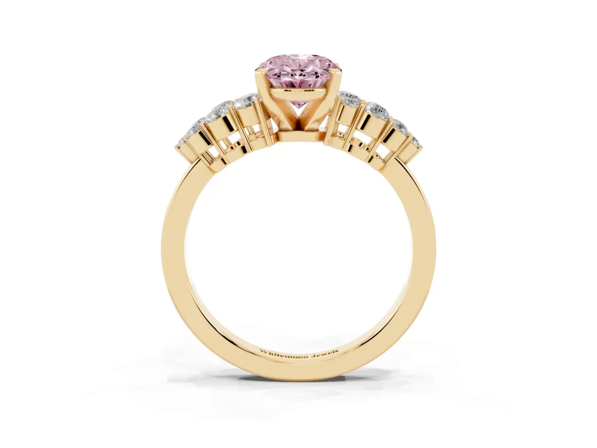 Fancy Pink Oval Cut Cluster Diamond Engagement Ring with Pavé Band and Four-Prong Setting Yellow gold