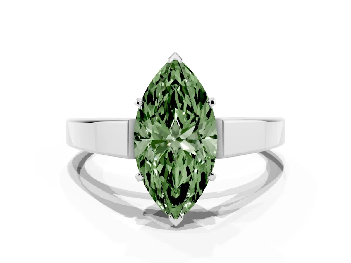 Fancy Green Marquise Cut Solitaire Engagement Ring with Four-Prong Setting and Tapered Band Silver
