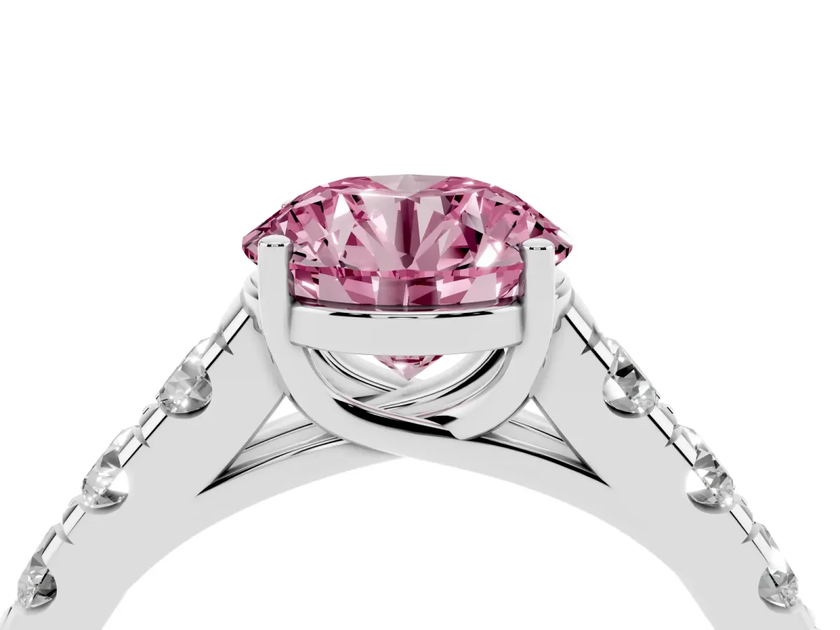 Fancy Pink Round Cut Cut Diamond Solitaire Ring with Micro Pave Band and Prong Setting Silver