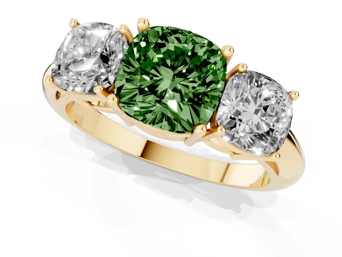 Fancy Green Three-Stone Cushion Cut Cut Diamond Engagement Ring with Prong Setting on a White Gold Band Yellow gold
