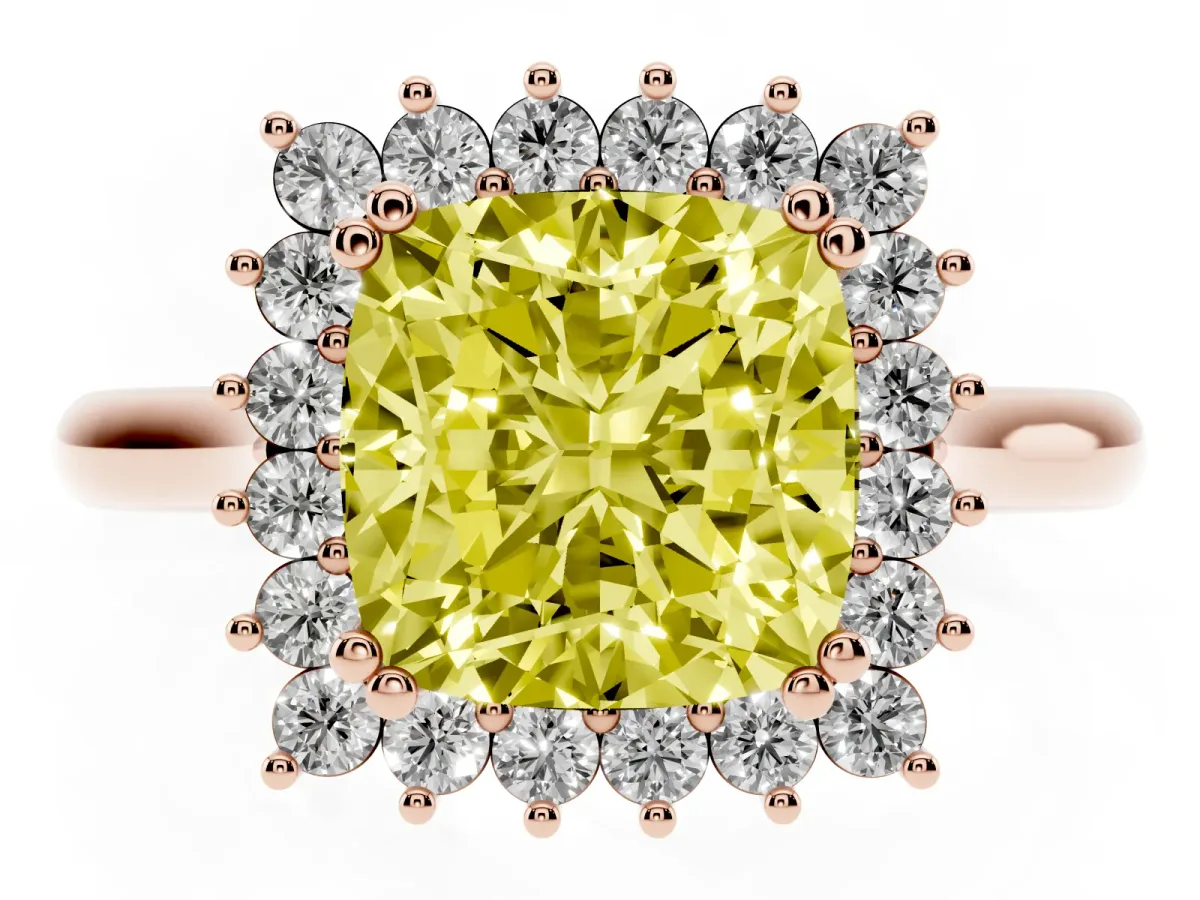 Fancy Yellow Cushion Cut Cut Diamond Halo Ring with Solitaire Band and Prong Setting Rose gold