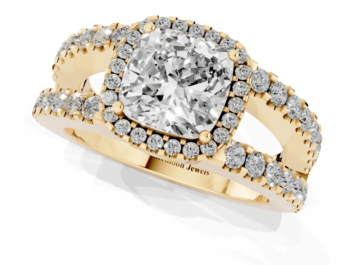 Cushion Cut Cut Halo Split Shank Diamond Ring with Four-Prong Setting Yellow gold