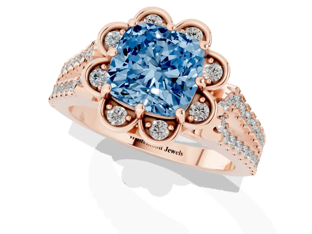 Fancy Blue Cushion Cut Halo Diamond Floral Split Shank Engagement Ring Rose gold