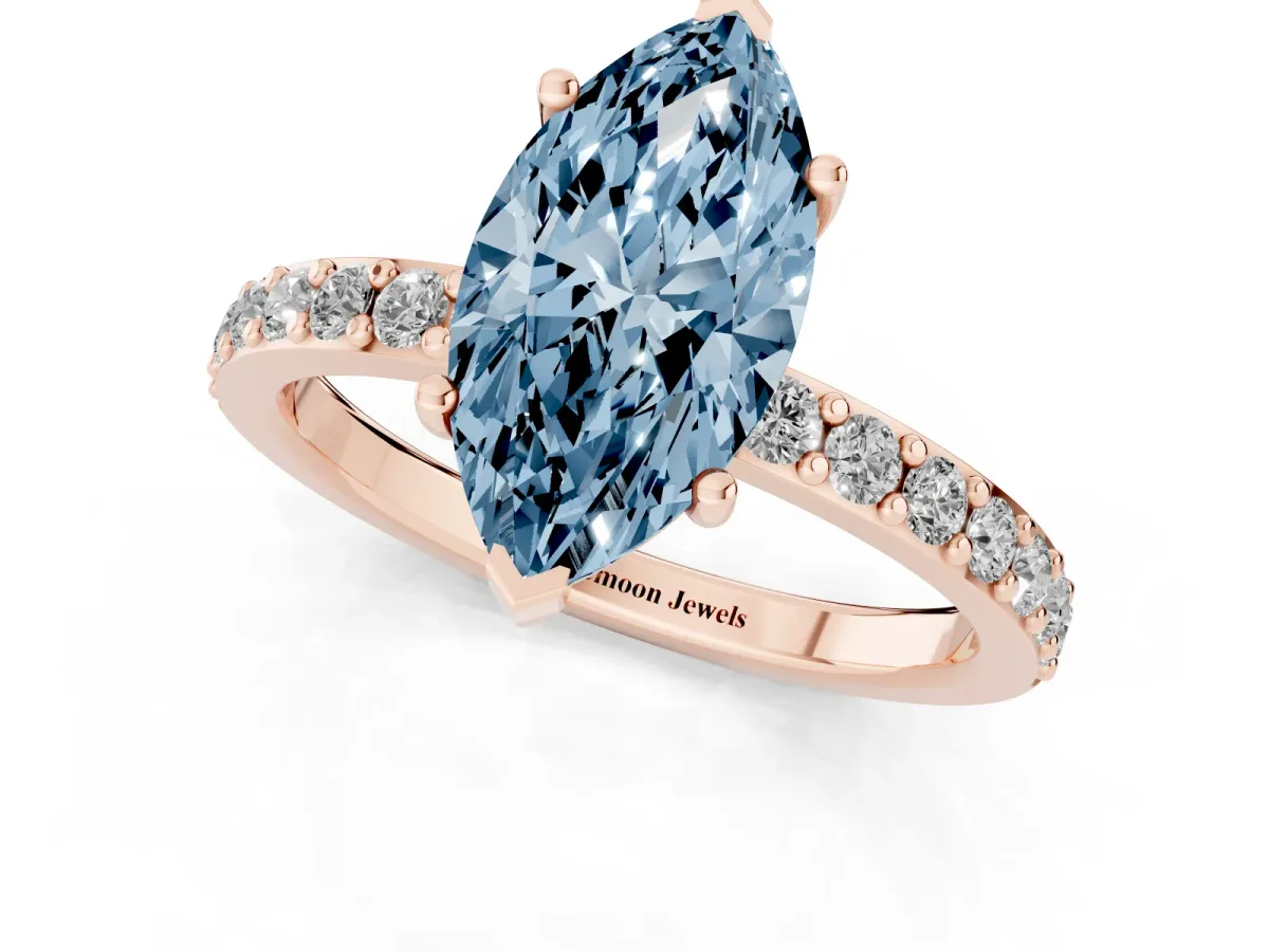 Fancy Blue Marquise Cut Cut Diamond Solitaire with Pave Band and Four-Prong Setting Rose gold