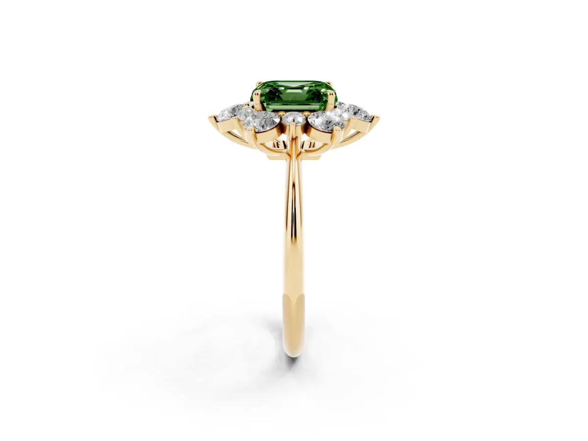 Fancy Green Asscher Cut Diamond Cluster Halo Ring with Solitaire Band and Four-Prong Setting Yellow gold