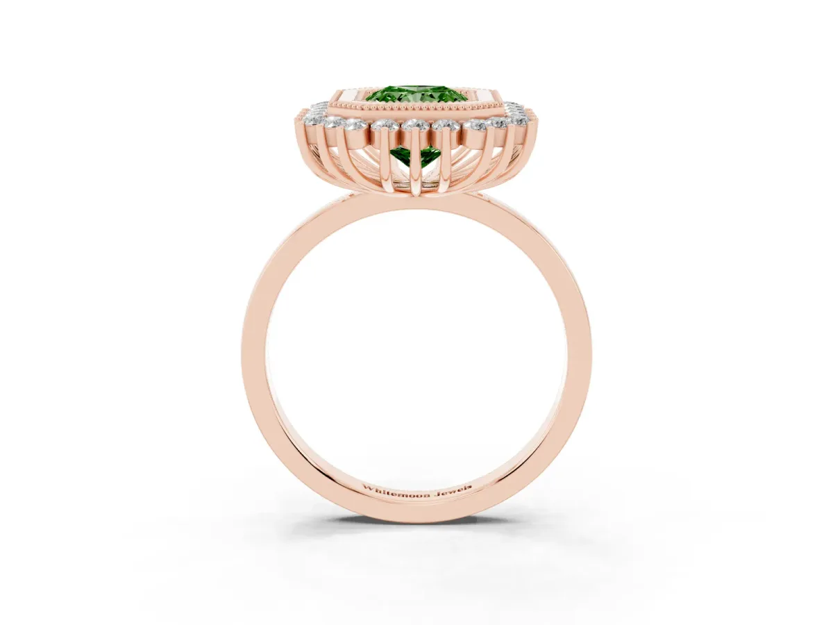 Fancy Green Radiant Cut Halo Diamond Ring with Milgrain Edge and Round Prong Setting Rose gold