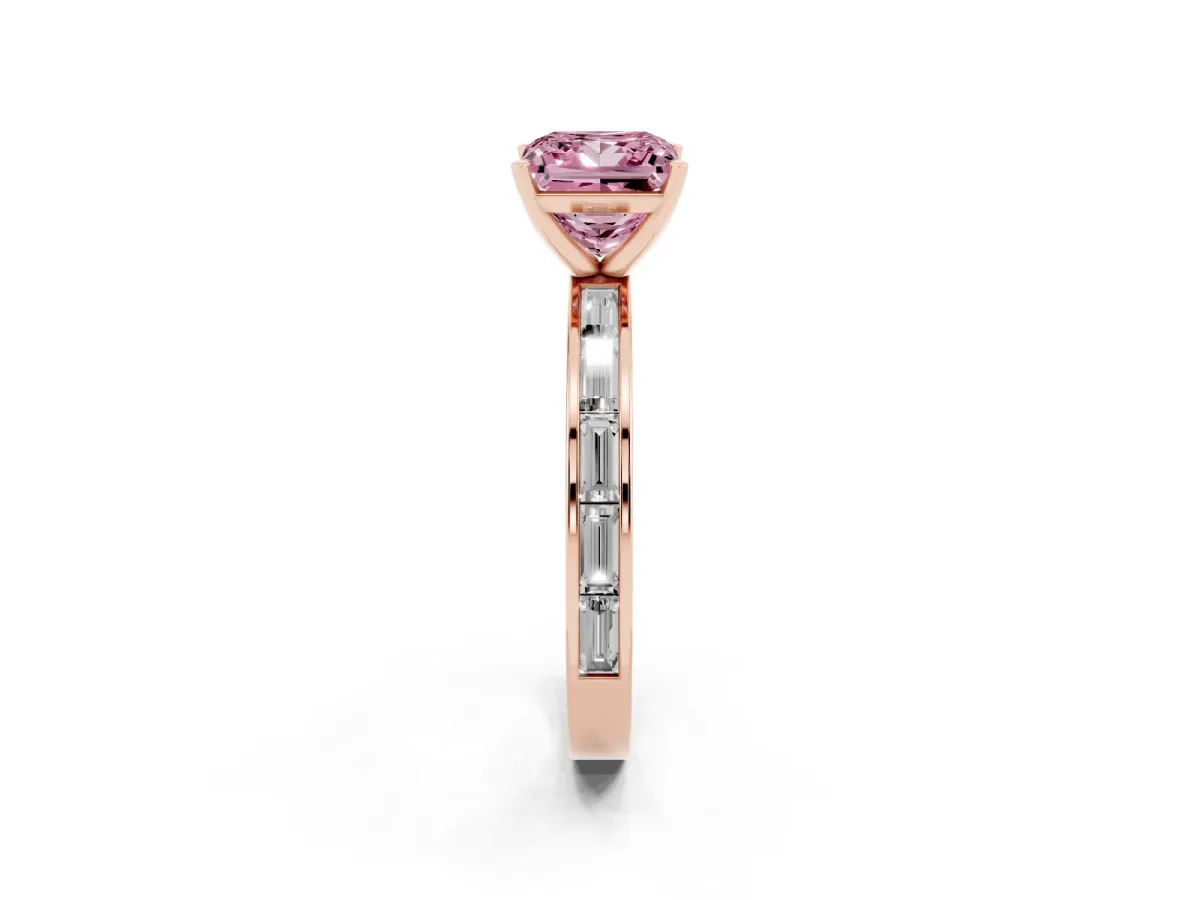 Fancy Pink Princess Cut Solitaire Diamond Ring with Channel-Set Baguette Band and Four-Prong Setting Rose gold