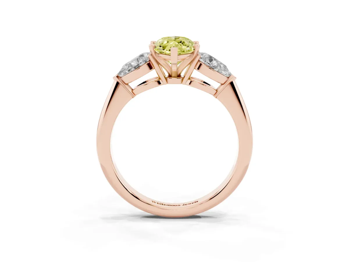 Fancy Yellow Three-Stone Marquise Cut Diamond Ring with Pear Side Stones and Four-Prong Setting Rose gold