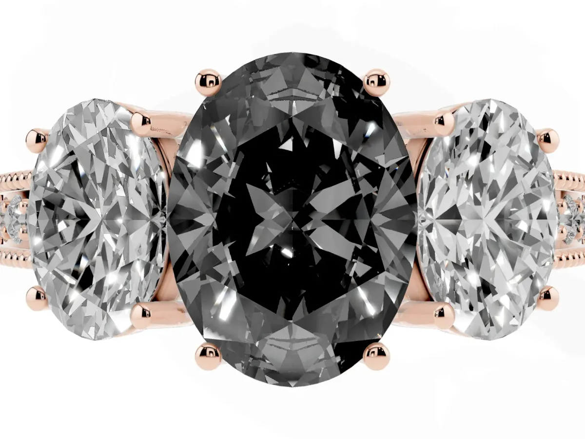 Fancy Black Three-Stone Oval Cut Cut Milgrain Pavé Engagement Ring Rose gold