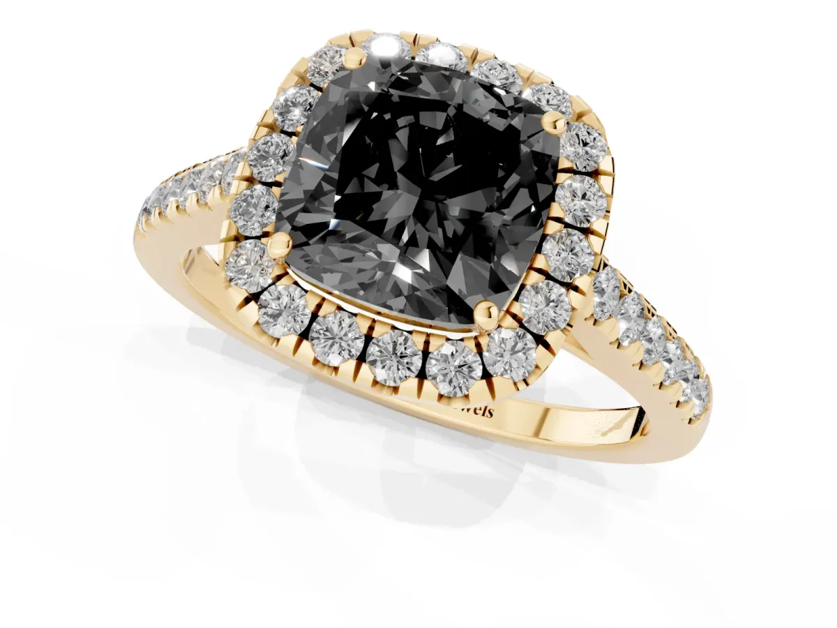 Fancy Black Cushion Cut Halo Pave Diamond Engagement Ring with Four-Prong Setting Yellow gold