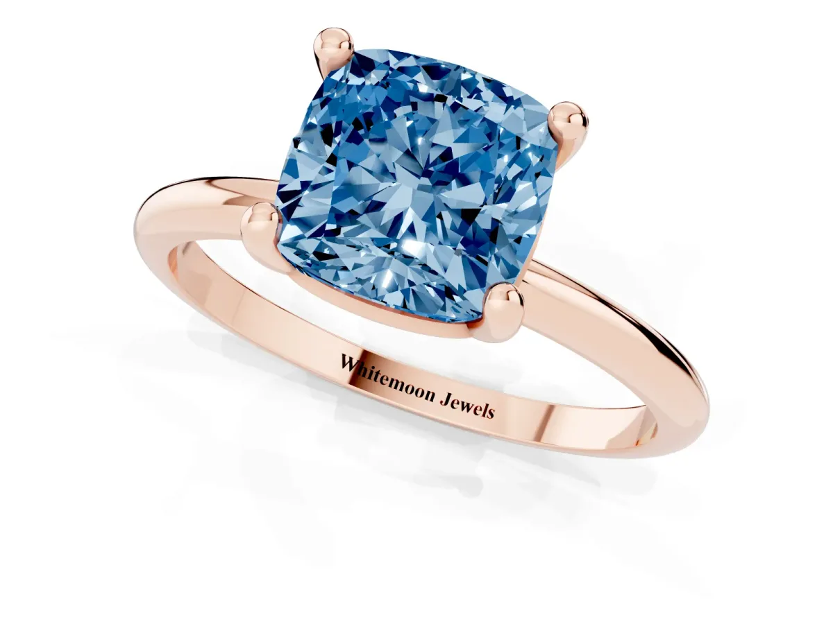Fancy Blue Cushion Cut Solitaire Diamond Ring with 4-Prong Setting on a Classic Band Rose gold