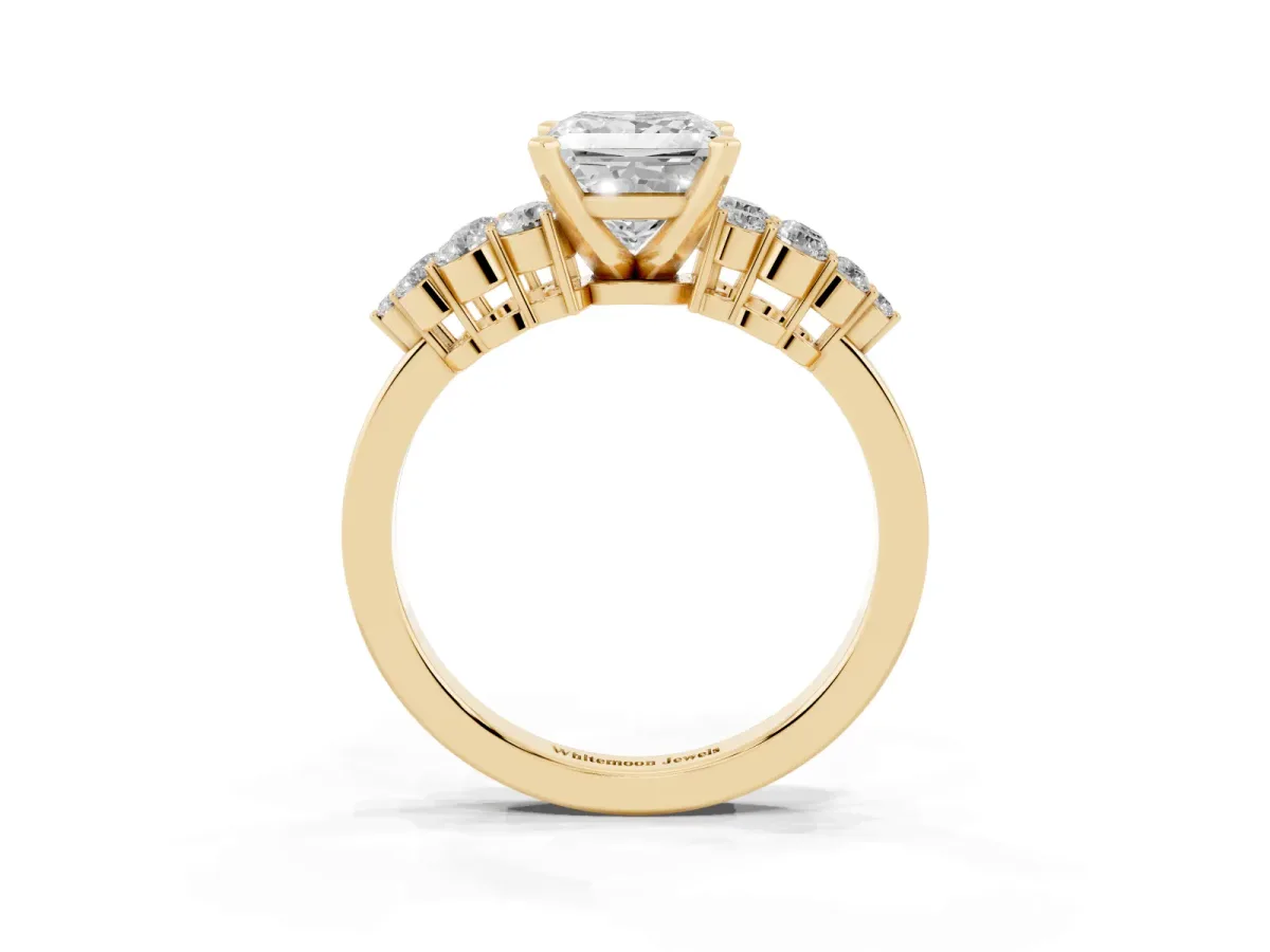 Princess Cut Cluster Diamond Engagement Ring with Pavé Band and Four-Prong Setting Yellow gold