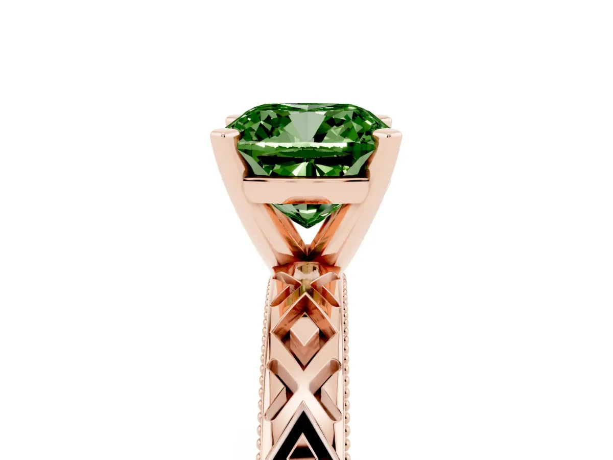 Fancy Green Cushion Cut Solitaire Diamond Ring with Milgrain and Black Enamel X Pattern Band Rose gold