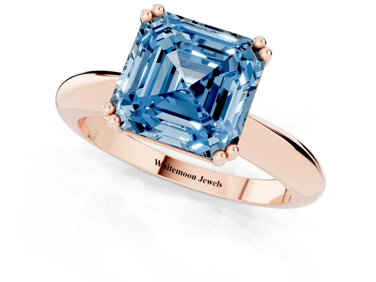 Fancy Blue Asscher Cut Cut Solitaire Engagement Ring with Tapered Band and Four-Prong Setting Rose gold