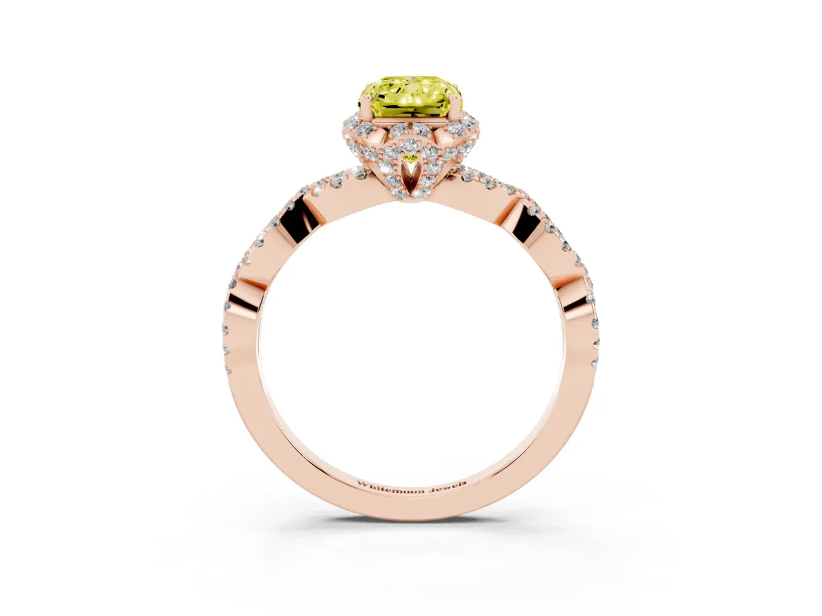 Fancy Yellow Radiant Cut Halo Twist Band Solitaire Ring with Six-Prong Setting Rose gold