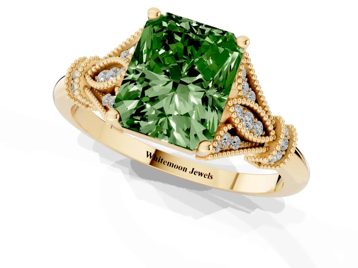 Fancy Green Radiant Cut Diamond Solitaire Ring with Floral Filigree and Pave Accents Yellow gold