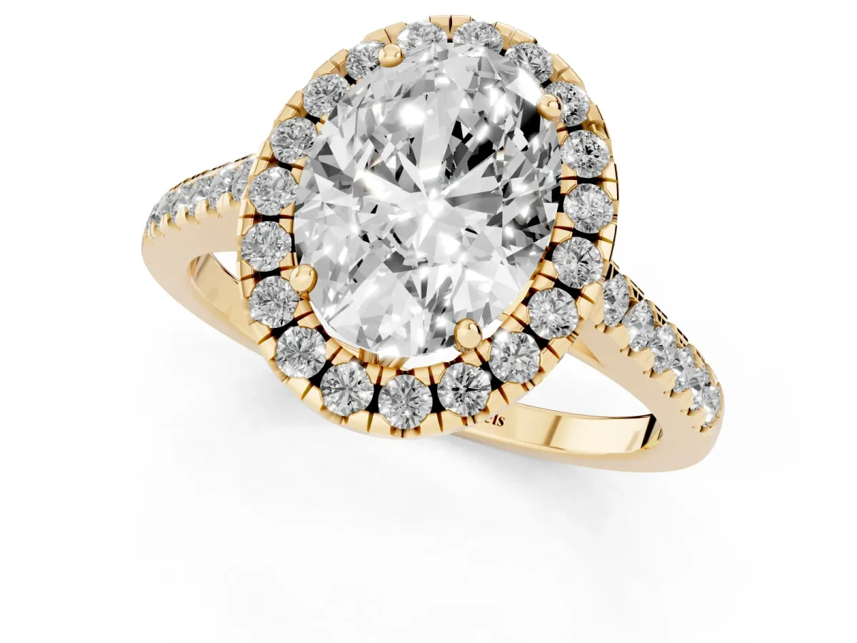 Oval Cut Halo Pavé Diamond Engagement Ring with Four-Prong Setting Yellow gold