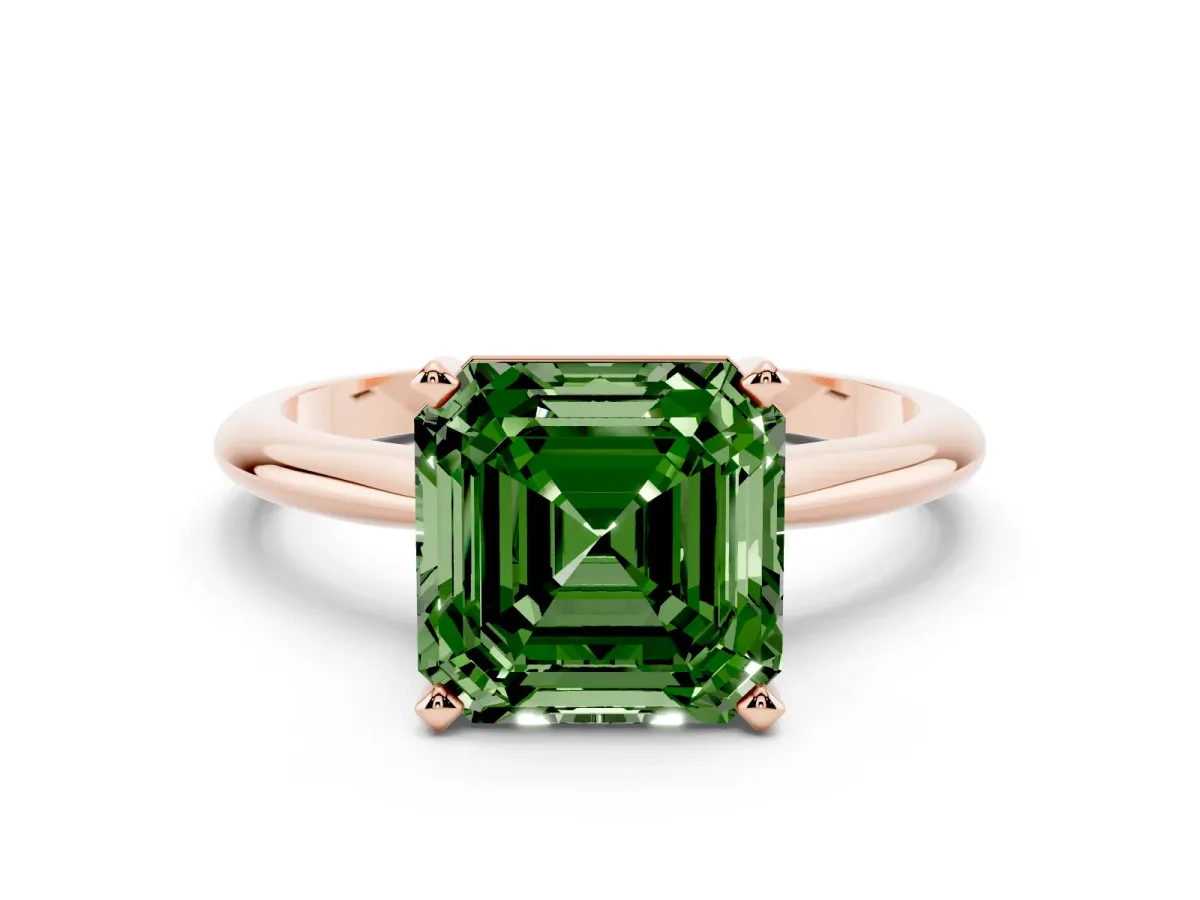 Fancy Green Asscher Cut Cut Solitaire Ring with Four-Prong Setting on a Classic Band Rose gold