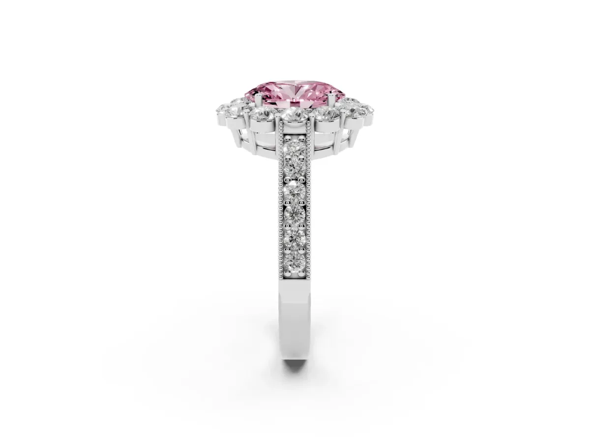 Fancy Pink Oval Cut Cut Halo Diamond Pavé Engagement Ring with Milgrain Detailing Platinum