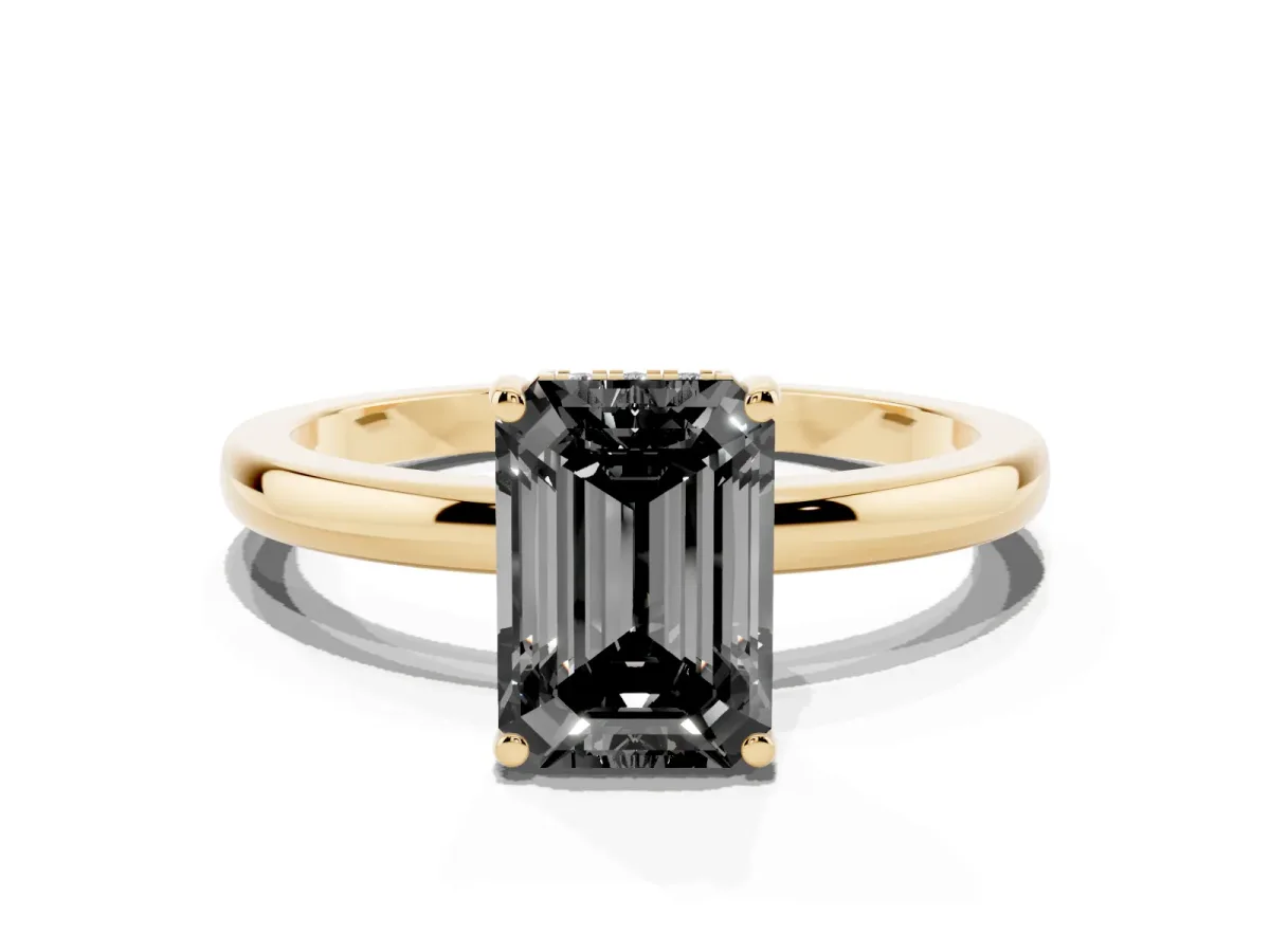 Fancy Black Emerald Cut Solitaire Diamond Ring with Prong Setting and Plain Band Yellow gold