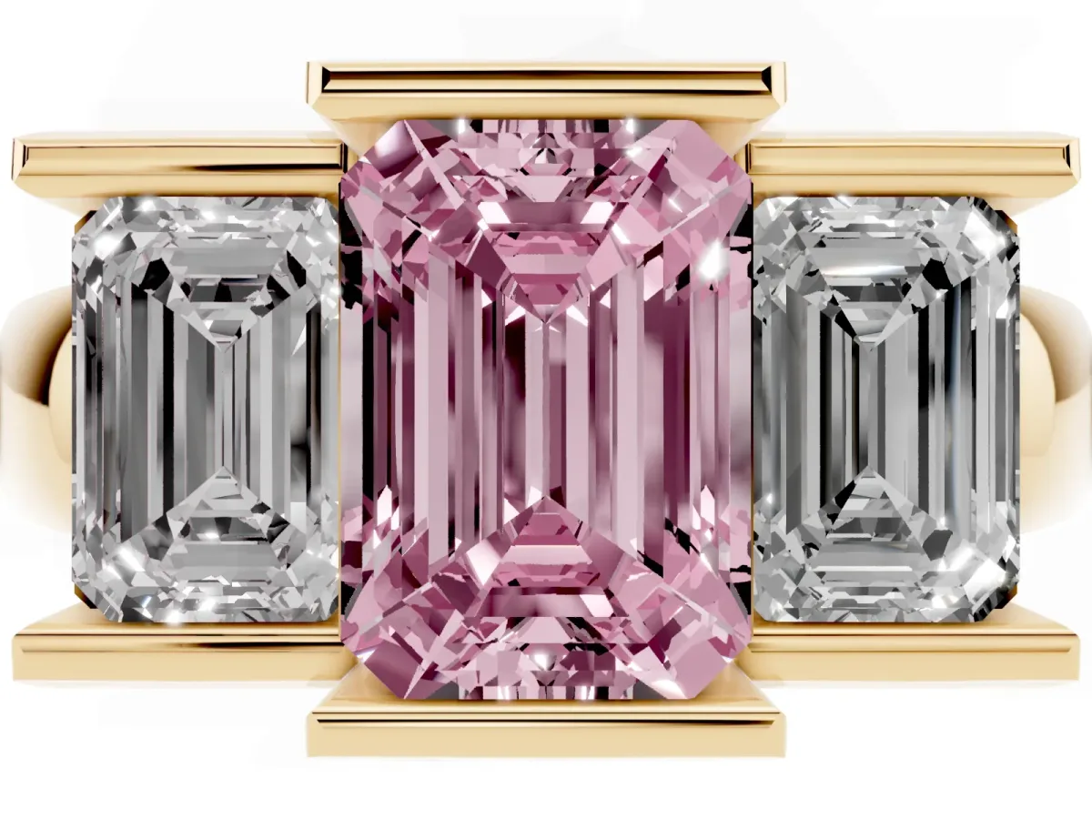 Fancy Pink Three Stone Emerald Cut Cut Channel Set Diamond Ring Yellow gold