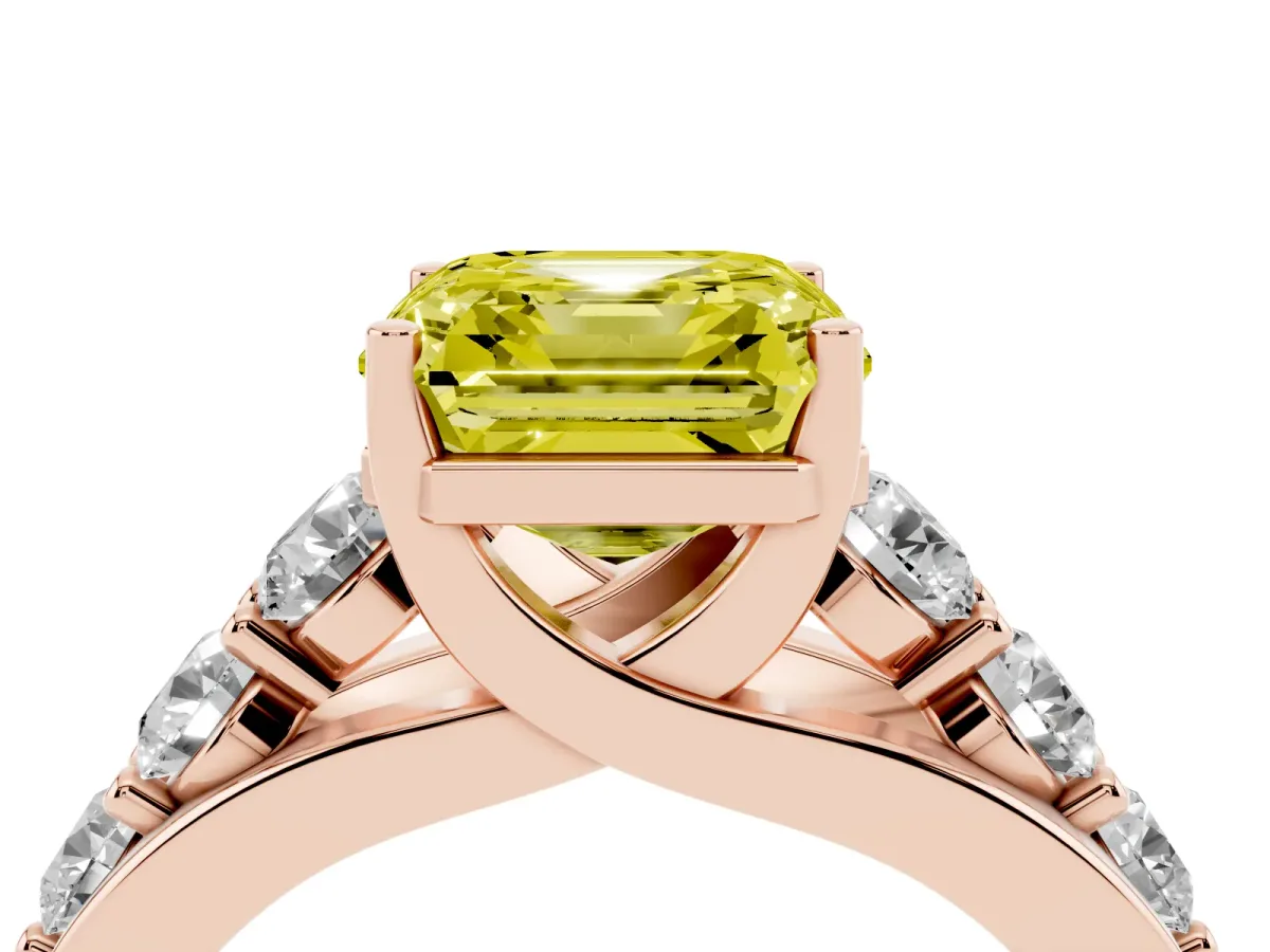 Fancy Yellow Asscher Cut Diamond Engagement Ring with Pavé Band and Four-Prong Setting Rose gold