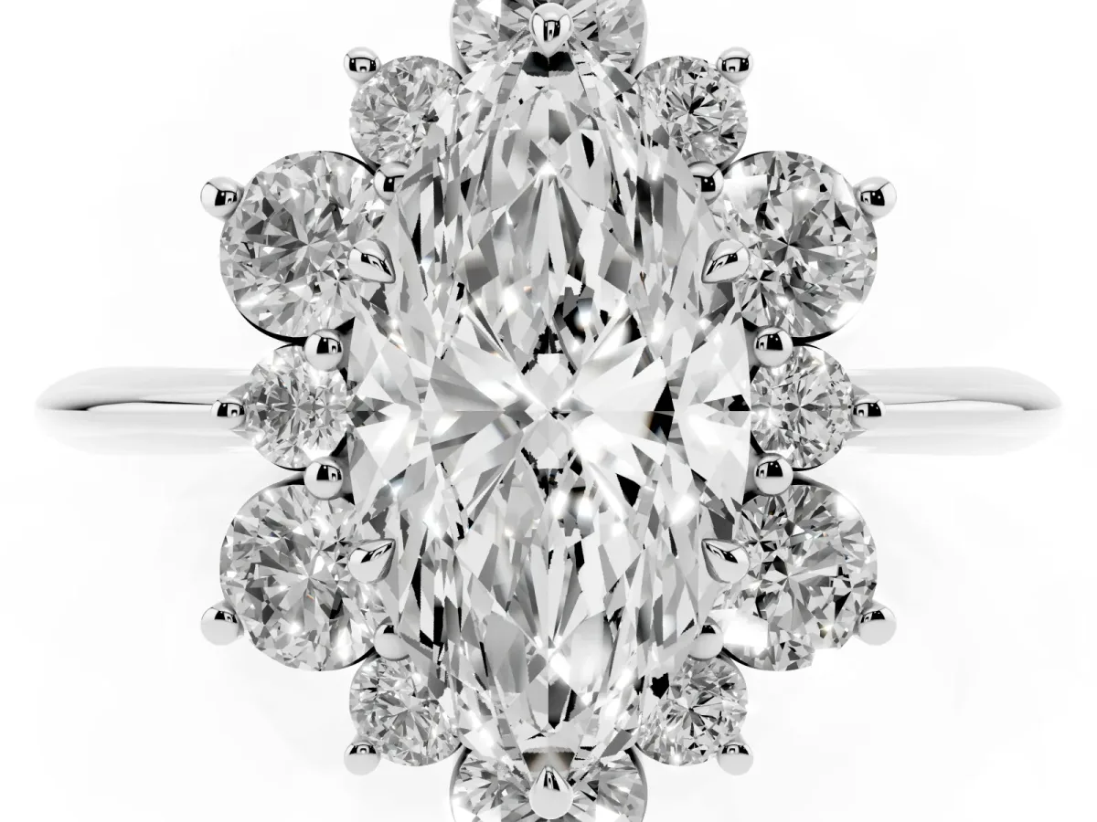 Marquise Cut Diamond Cluster Halo Ring with Solitaire Band and Four-Prong Setting Platinum