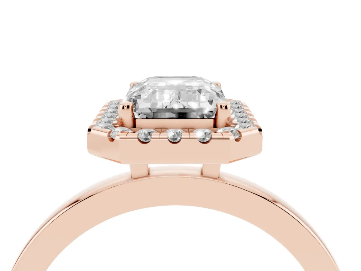 Emerald Cut Halo Diamond Solitaire with Pavé Band and Four-Prong Setting Rose gold