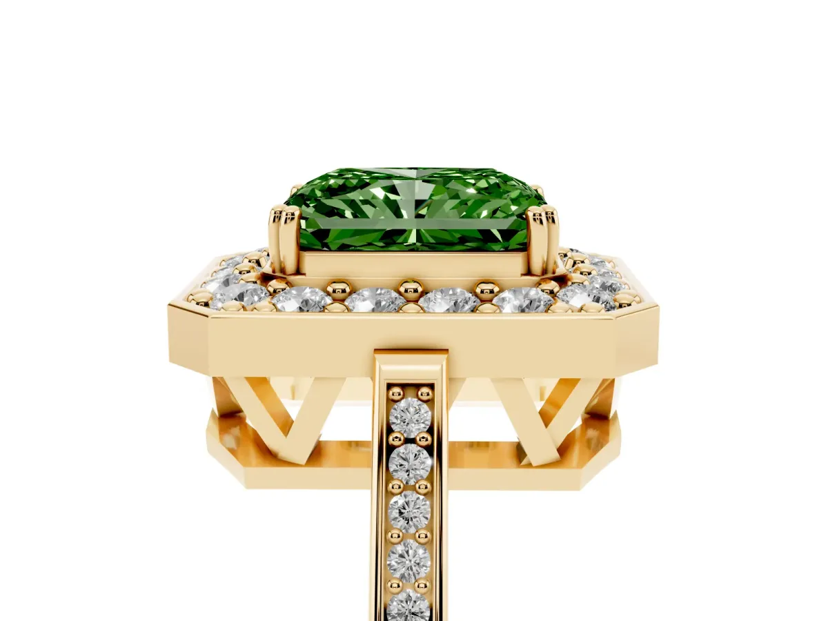 Fancy Green Radiant Cut Diamond Halo Ring with Split Shank and Four-Prong Setting Yellow gold