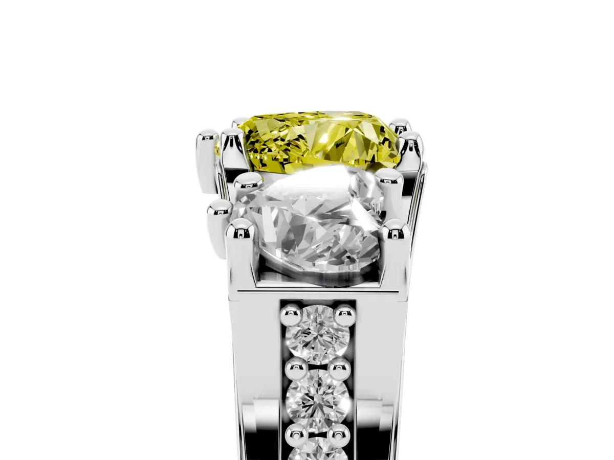 Fancy Yellow Heart Cut Diamond Three-Stone Ring with Channel Set Band and Four-Prong Setting White gold