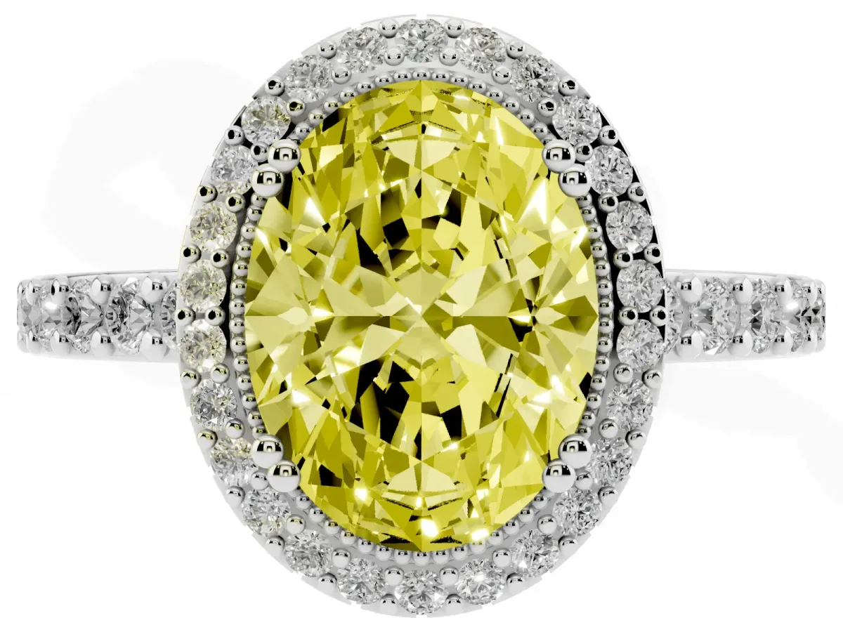 Fancy Yellow Oval Cut Cut Diamond Halo Engagement Ring with Milgrain Detail and Pavé Band Silver