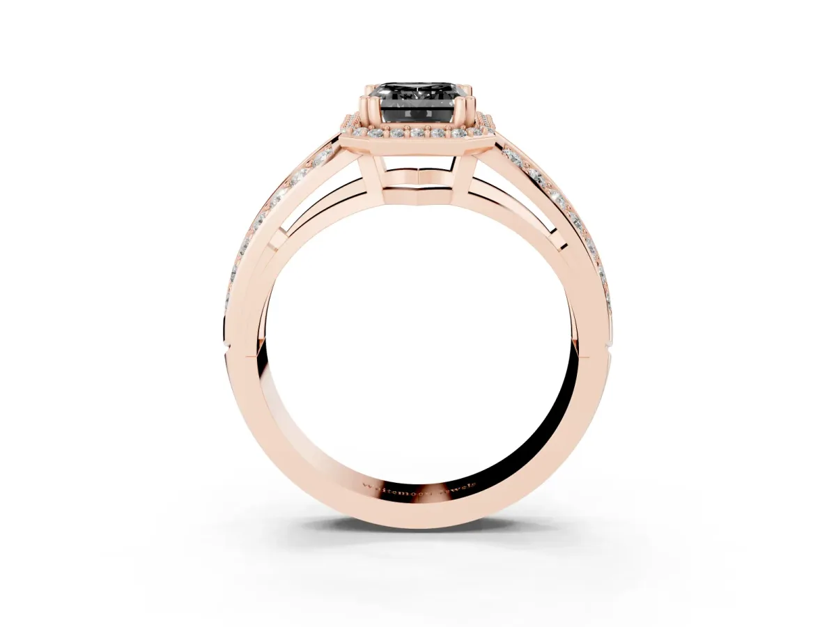 Fancy Black Emerald Cut Diamond Halo Ring with Split Shank Pavé Band and Four-Prong Setting Rose gold