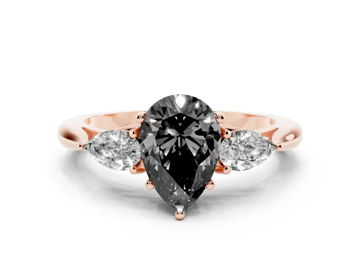 Fancy Black Pear Cut Diamond Three-Stone Ring with Pear Side Stones and Prong Setting Rose gold