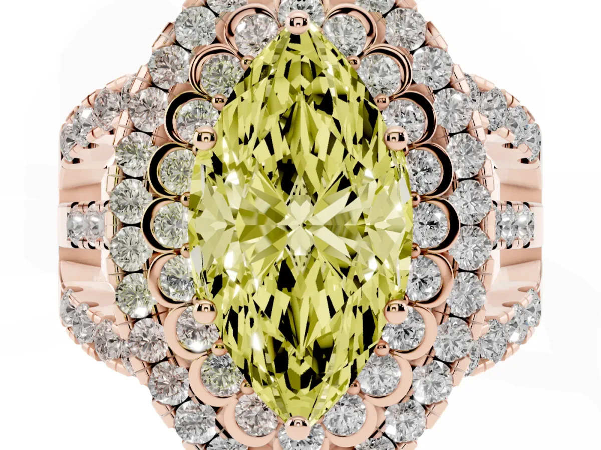 Fancy Yellow Marquise Cut Diamond Double Halo Ring with Round Pavé Split Shank and Prong Setting Rose gold