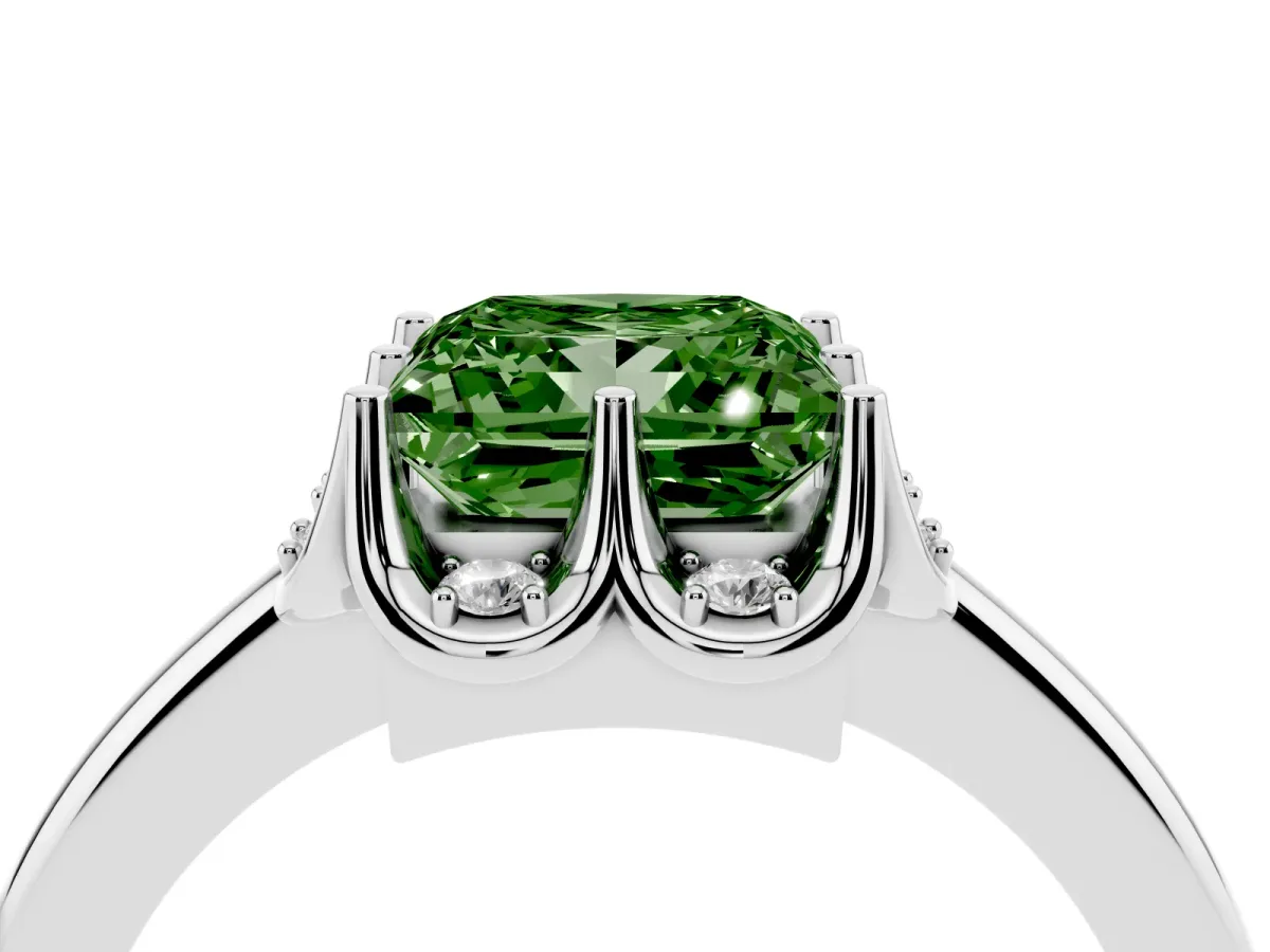 Fancy Green Princess Cut Halo Diamond Ring with Round Cluster Setting, Solitaire Band, and Four-Prong Setting White gold