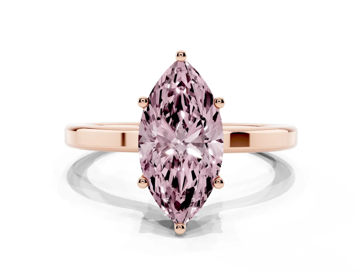 Fancy Pink Marquise Cut Cut Solitaire Engagement Ring with Four-Prong Setting on a Classic Band Rose gold