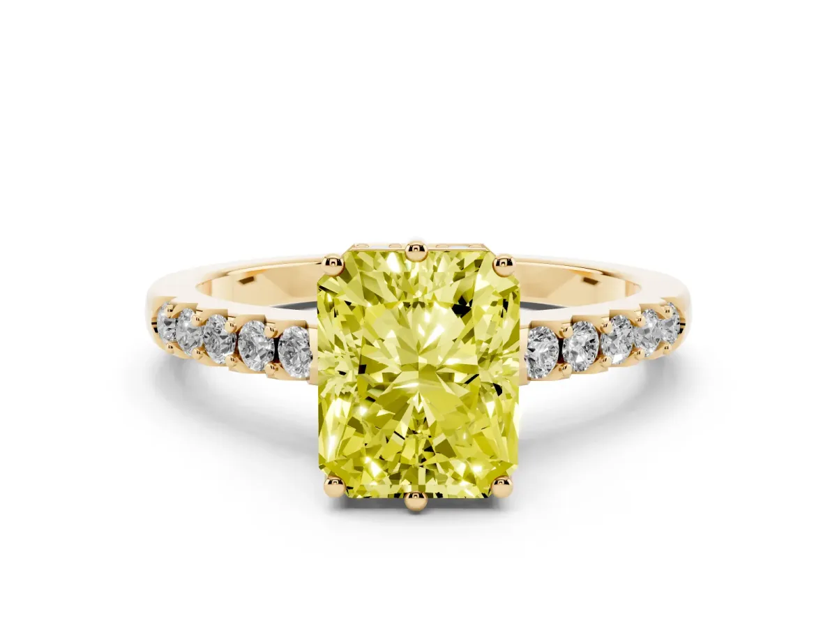 Fancy Yellow Radiant Cut Solitaire Diamond Engagement Ring with Pavé Band and Six-Prong Setting Yellow gold