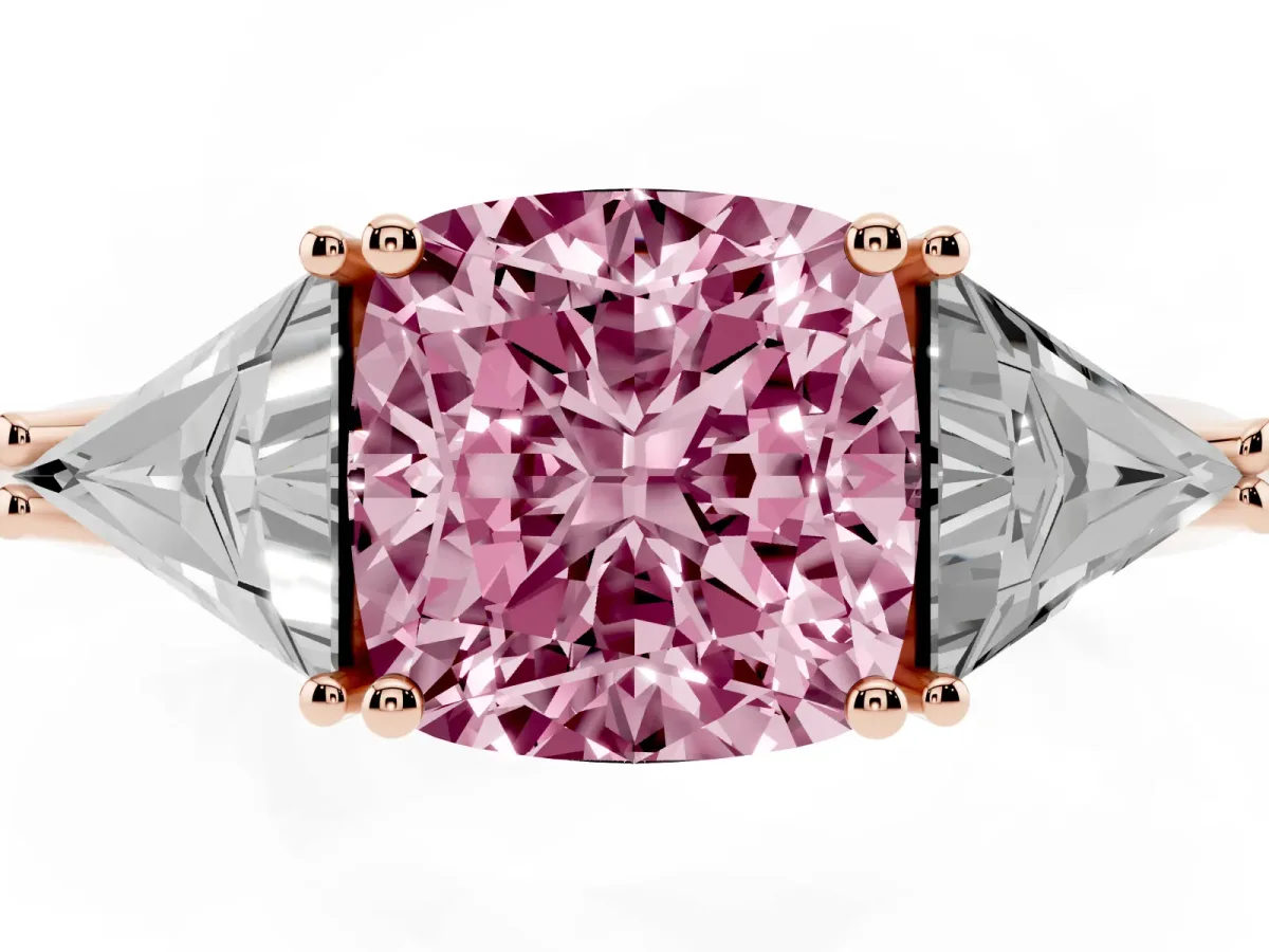 Fancy Pink Three-Stone Cushion Cut Diamond Engagement Ring with Trillion Side Stones and Prong Setting Rose gold
