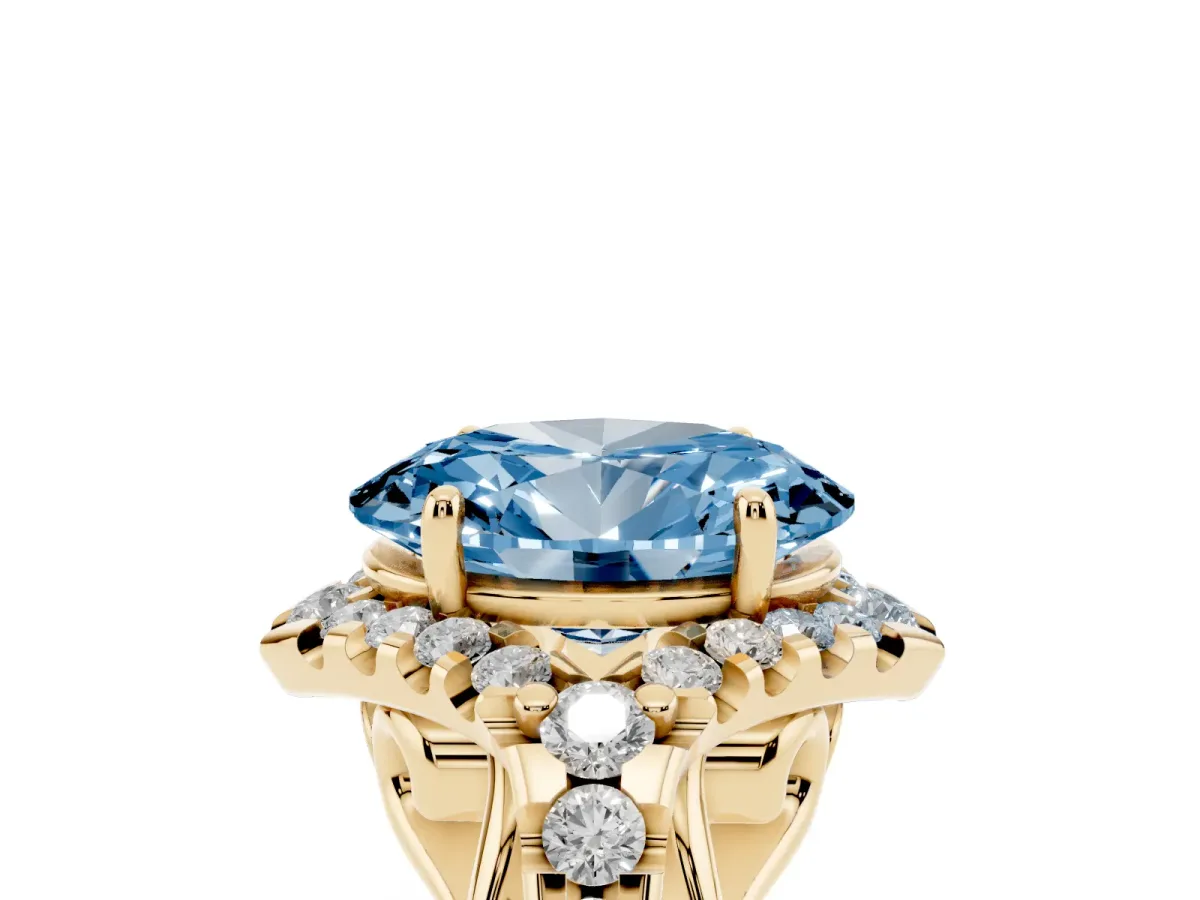 Fancy Blue Oval Cut Diamond Solitaire Ring with Hidden Halo and Pavé Band Yellow gold