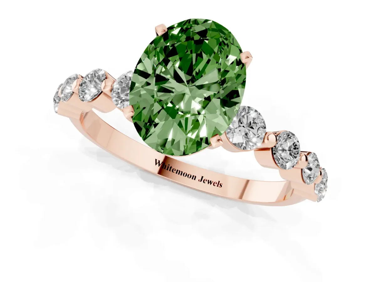 Fancy Green Oval Cut Solitaire Diamond Ring with Pave Band and Four-Prong Setting Rose gold